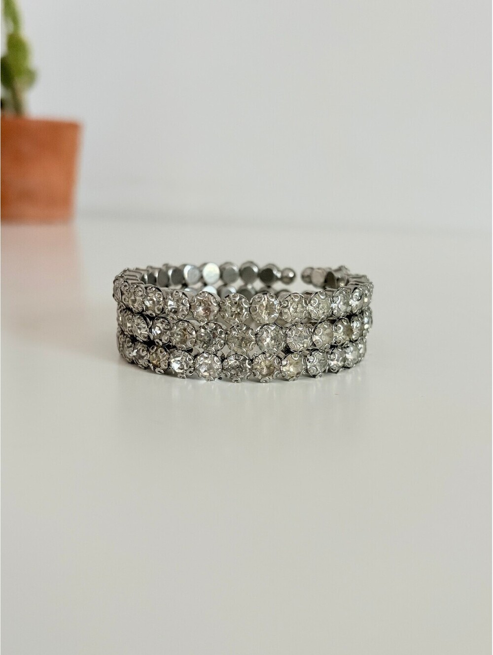 Rhinestone Bracelet Vintage 1950s 3 Row Expansion Silver Tone Accordion Stretch